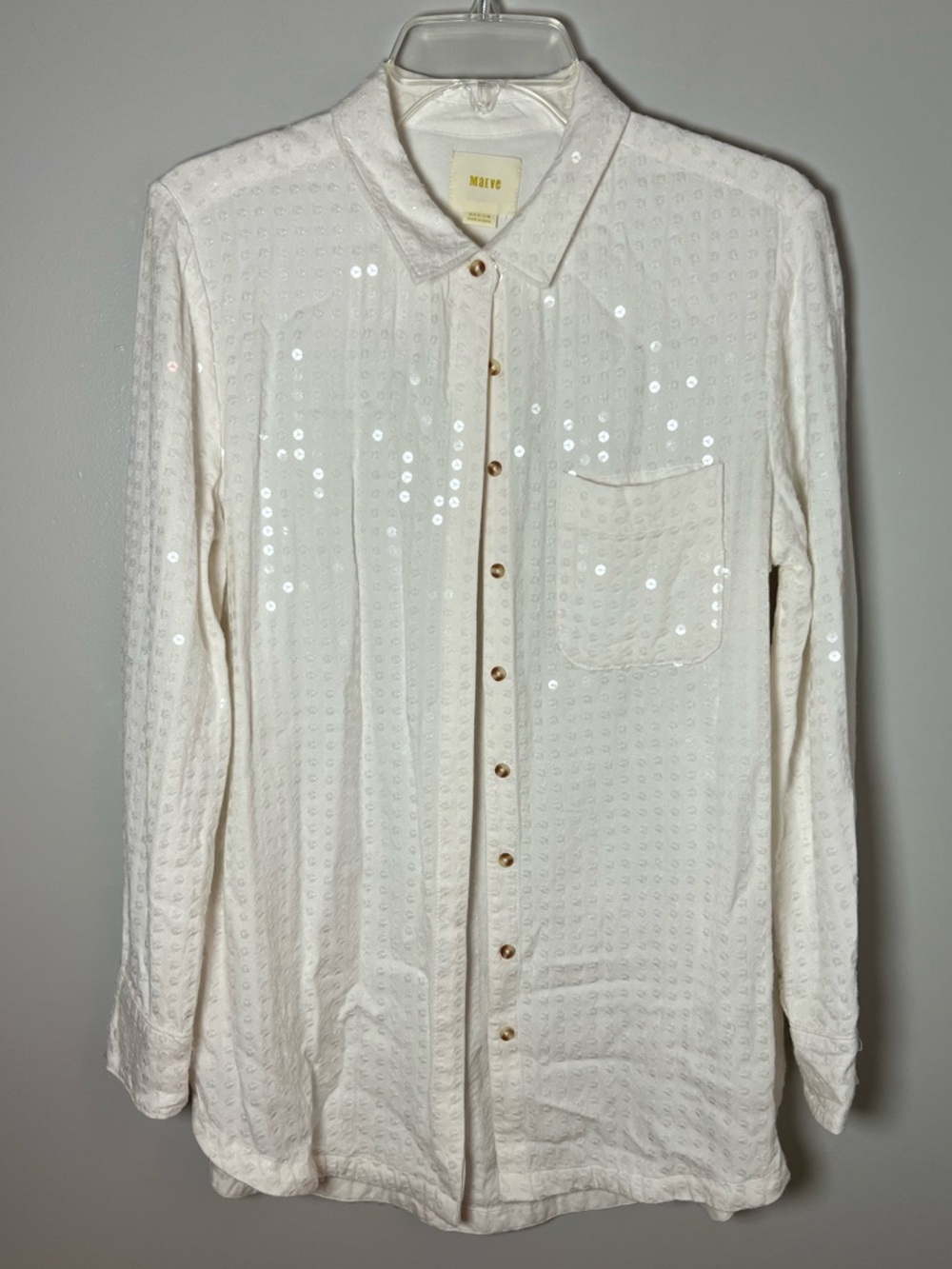 Maeve Anthropologie White Sequin Button Down Shirt Party Bachelorette Sz M - Picture 3 of 7